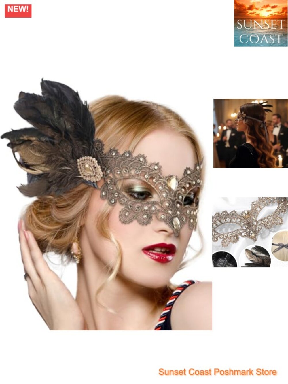 Feather Lace Masquerade Mask Handmade Venetian Costume Party